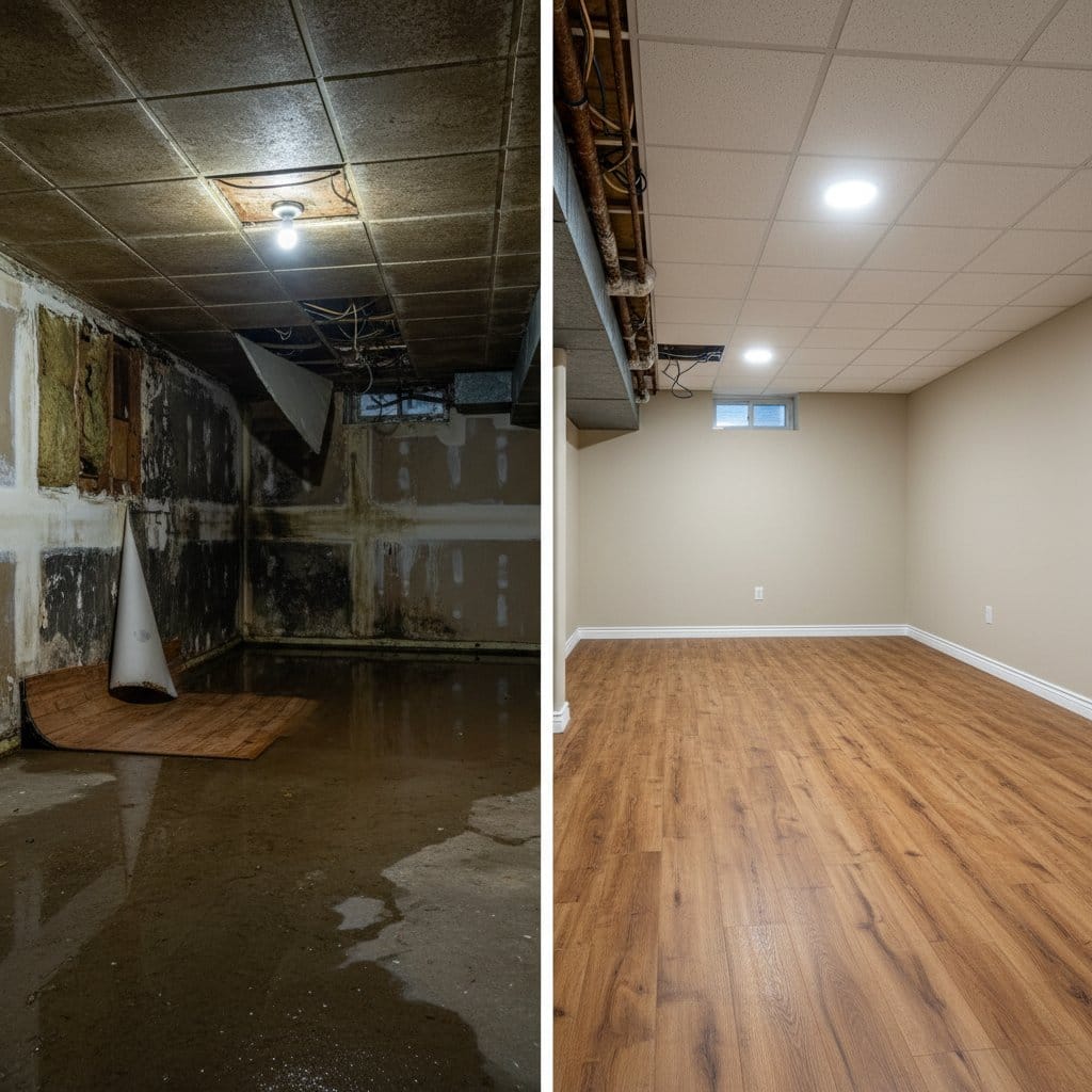 Water Damage Restoration before and after in residential basement, Saddle River NJ