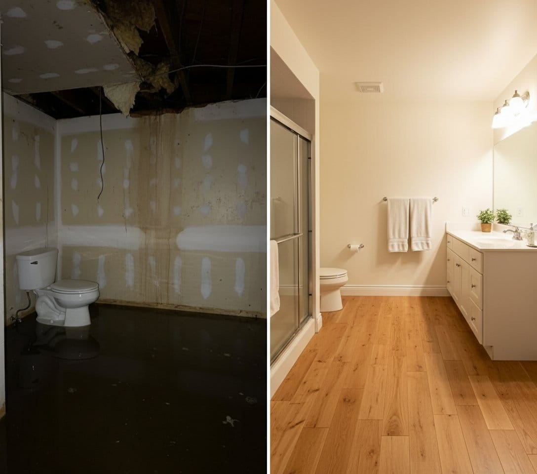 Before and after water damage restoration in Saddle River split-level home bathroom