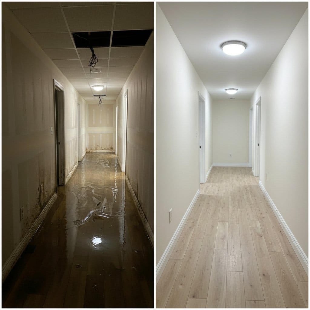 Burst Pipe & Plumbing Leak Damage before and after in hallway, Saddle River NJ