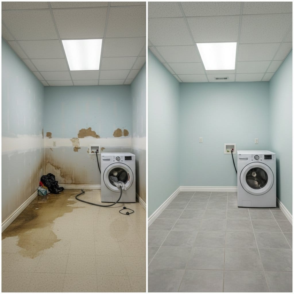 Burst Pipe & Plumbing Leak Damage restoration β laundry room of contemporary home in Saddle River, NJ