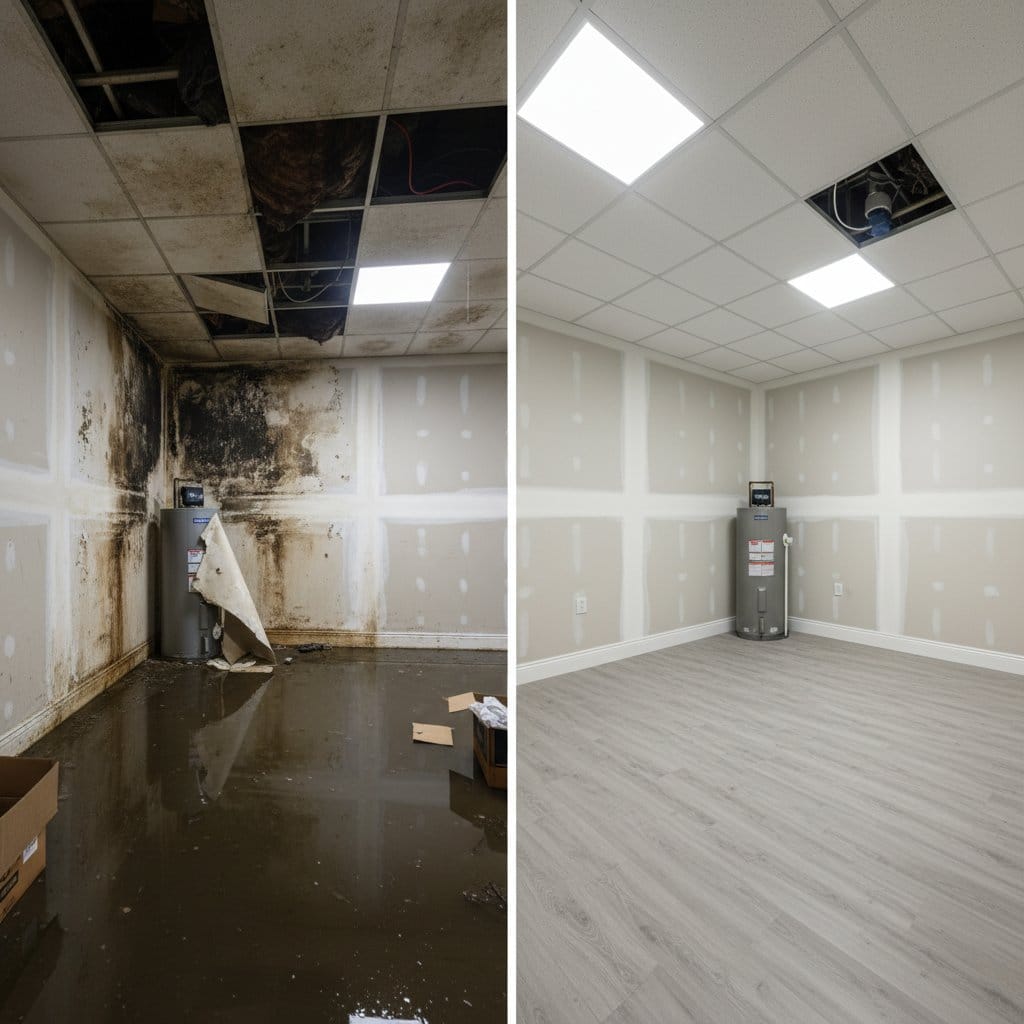 Storm & Roof Leak Water Damage restoration β utility room of split-level home in Saddle River, NJ