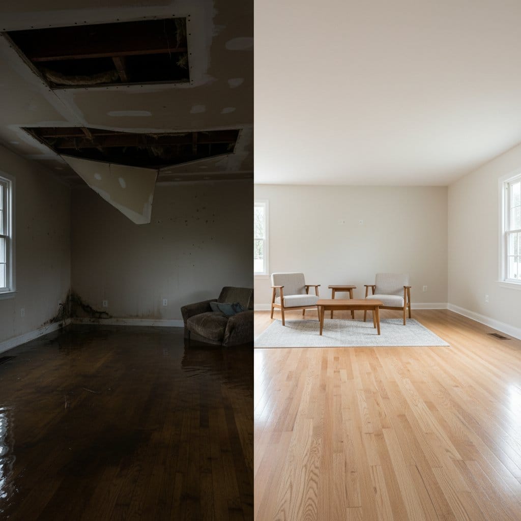 Structural Drying & Dehumidification before and after in living room, Saddle River NJ