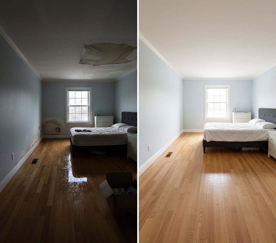 Before and after structural drying & dehumidification in Saddle River bi-level home bedroom