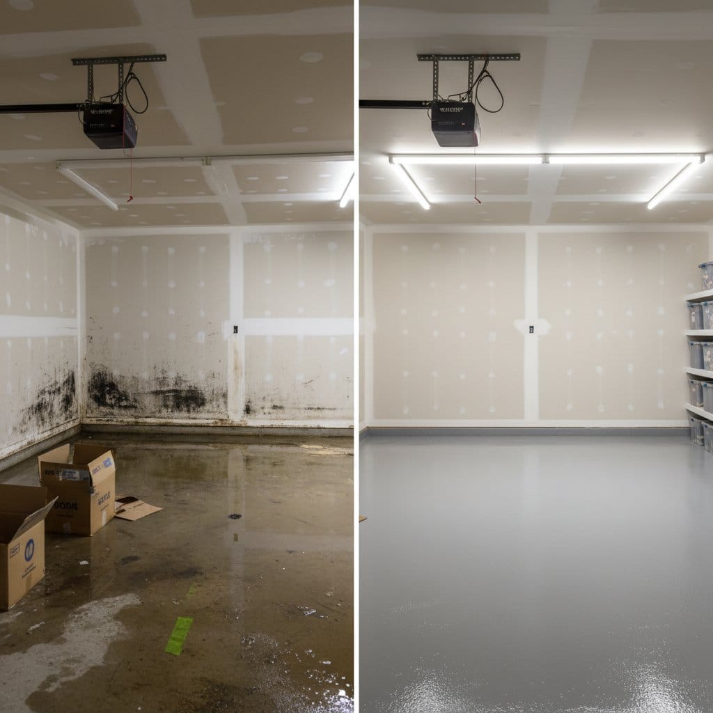 Carpet & Flooring Water Damage Cleanup before and after in garage, Saddle River NJ