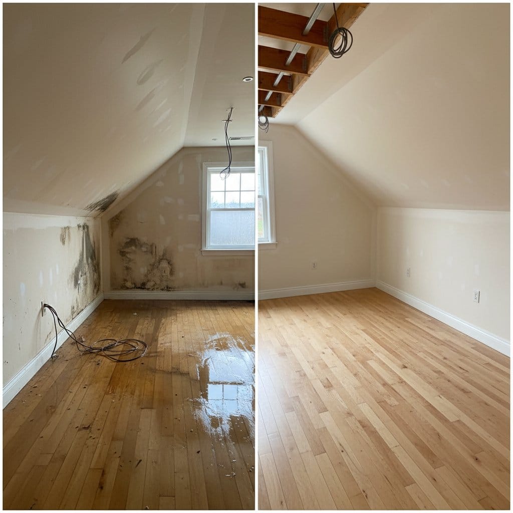 Before and after carpet & flooring water damage cleanup in Saddle River single-family home attic space