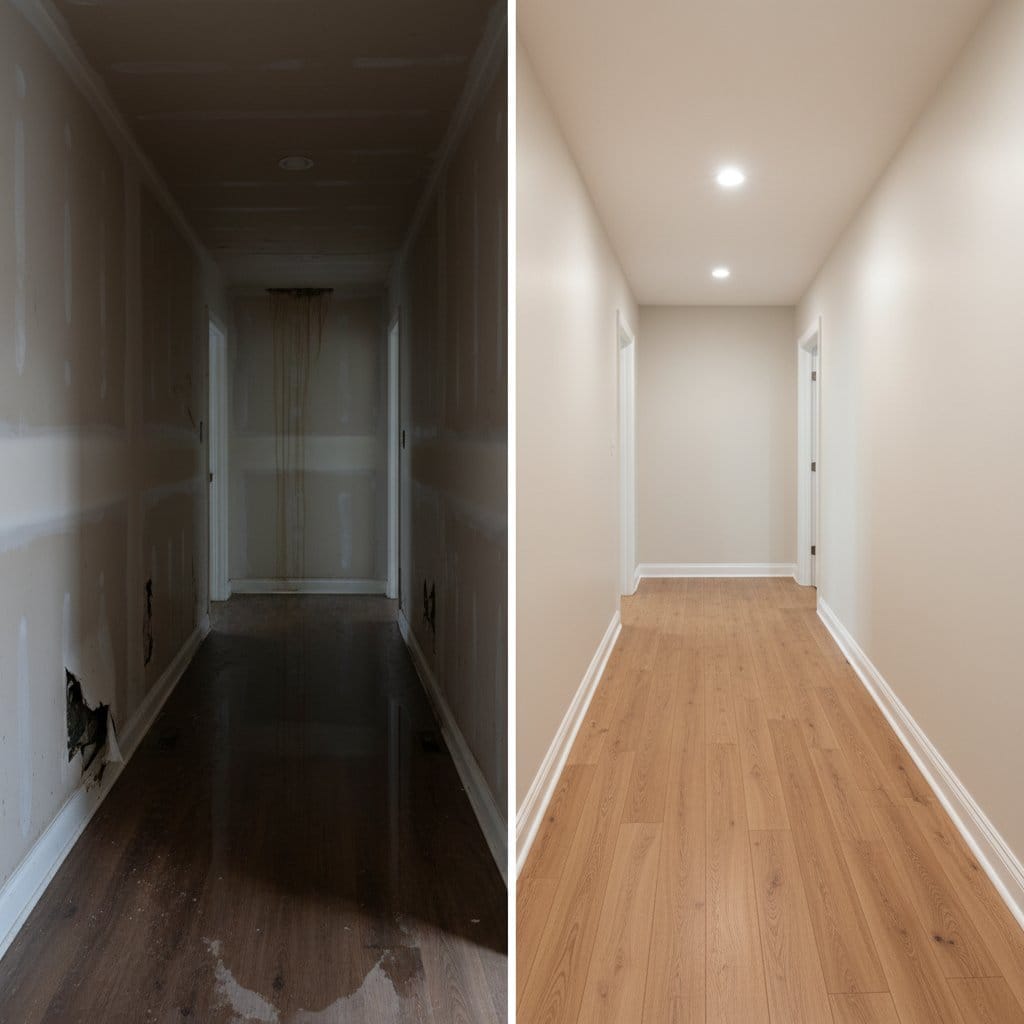Wall & Ceiling Dry-Out before and after in hallway, Saddle River NJ